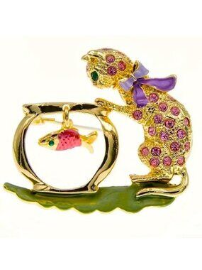 Brooch Cat Fish Bowl Rhinestone Pin Stylish Kitty Dangle Whimsical Gold Trendy